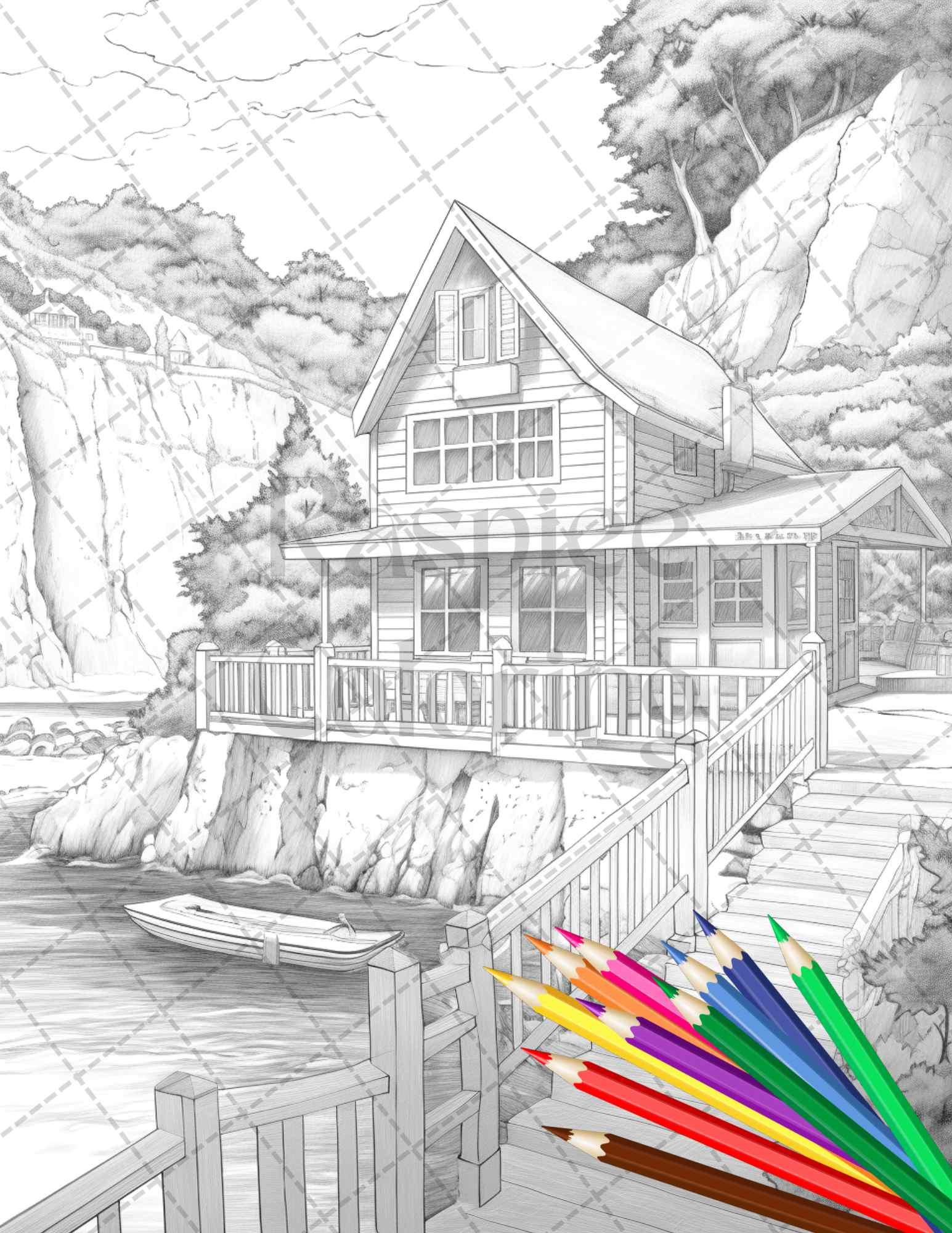 42 Wooden Beach Houses Grayscale Coloring Pages Printable for Adults, PDF File Instant Download