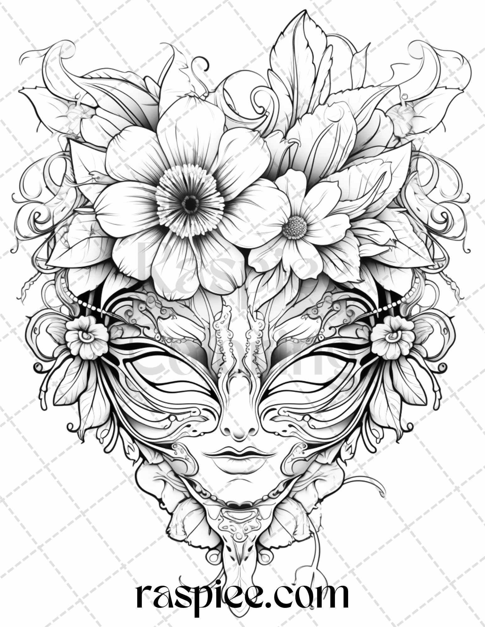 40 Masquerade Masks Grayscale Coloring Pages Printable for Adults, PDF File Instant Download