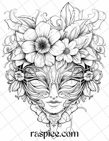 40 Masquerade Masks Grayscale Coloring Pages Printable for Adults, PDF File Instant Download