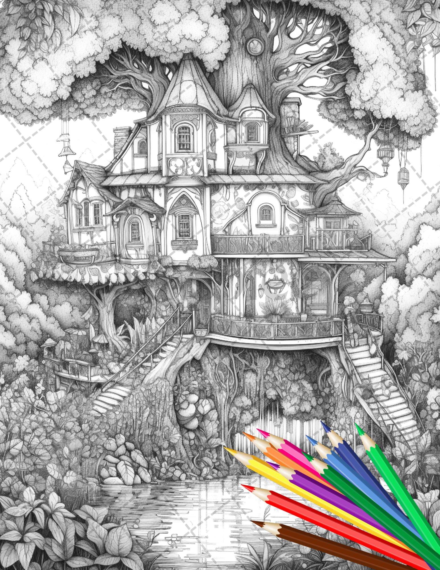 30 Fantasy Fairy Houses Coloring Page Book, Printable Adult Coloring Pages, Enchanted Fairy Home Grayscale Coloring Book, Printable PDF File