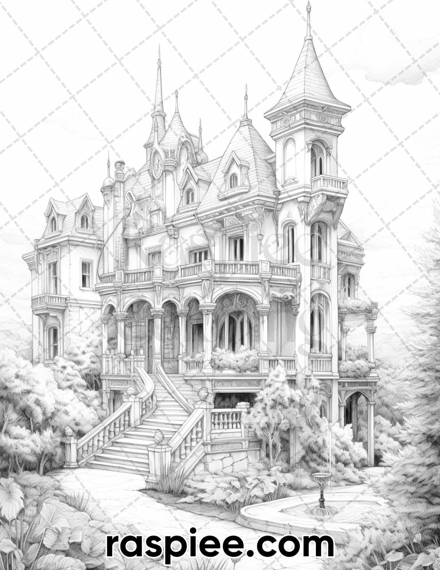 40 Victorian Mansions Grayscale Coloring Pages for Adults, Printable PDF Instant Download