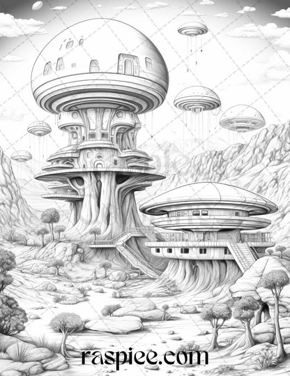 40 Alien Houses Grayscale Coloring Pages for Adults, Printable PDF File Instant Download