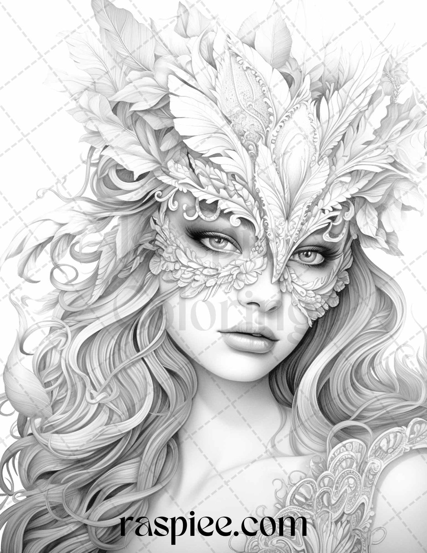 40 Masquerade Girls Grayscale Coloring Pages Printable for Adults, PDF File Instant Download