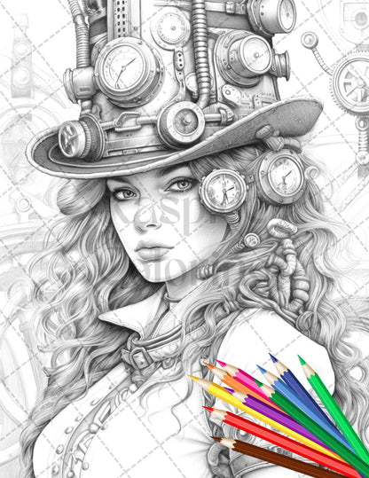 40 Steampunk Ladies Grayscale Coloring Pages Printable for Adults, PDF File Instant Download