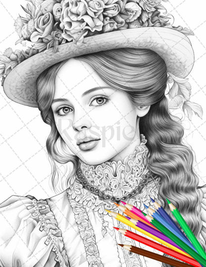 43 Beautiful Victorian Women Grayscale Coloring Pages Printable for Adults, PDF File Instant Download