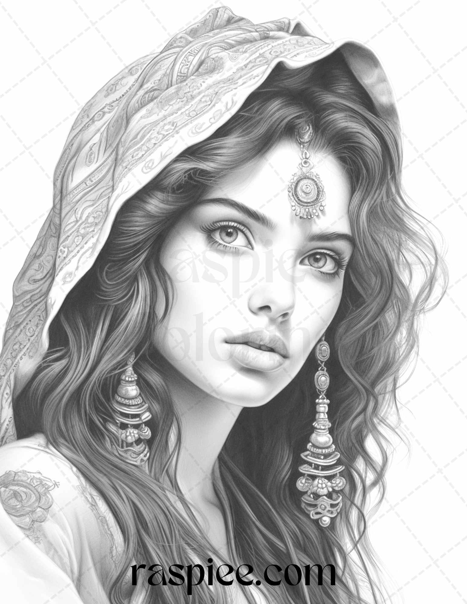 40 Beautiful Gypsy Girls Grayscale Coloring Pages Printable for Adults, PDF File Instant Download