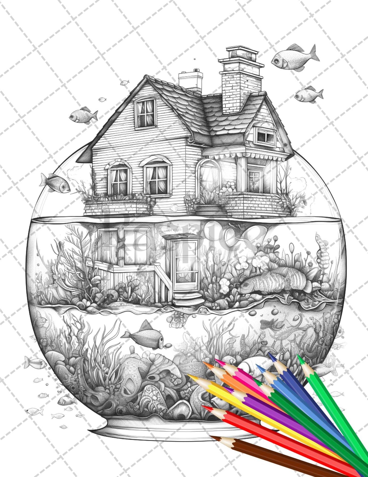 34 Fishtank Houses Coloring Book for Adults, Grayscale Coloring Page, Printable PDF Instant Download