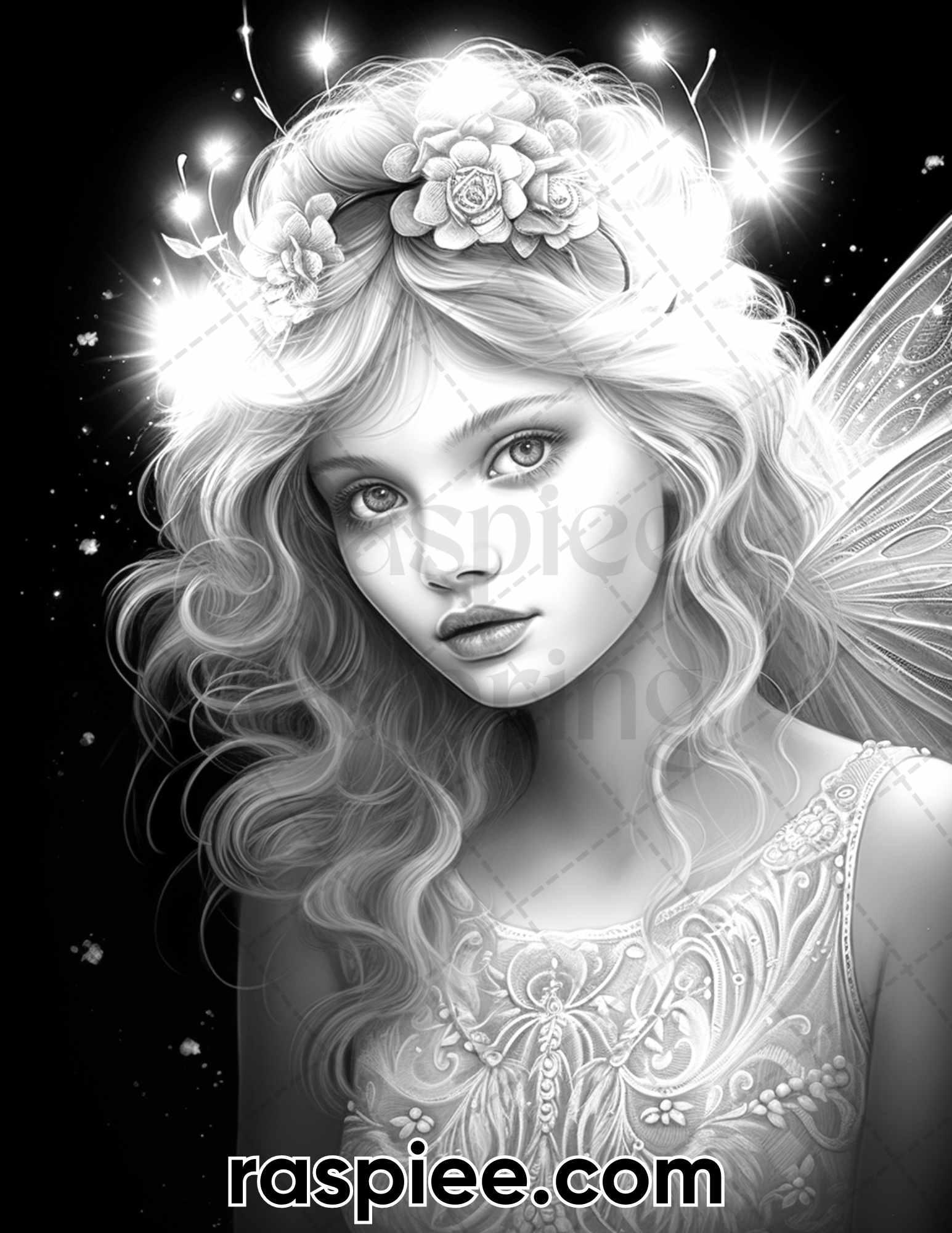 50 Starlight Fairy Grayscale Coloring Pages for Adults, Printable PDF File Instant Download