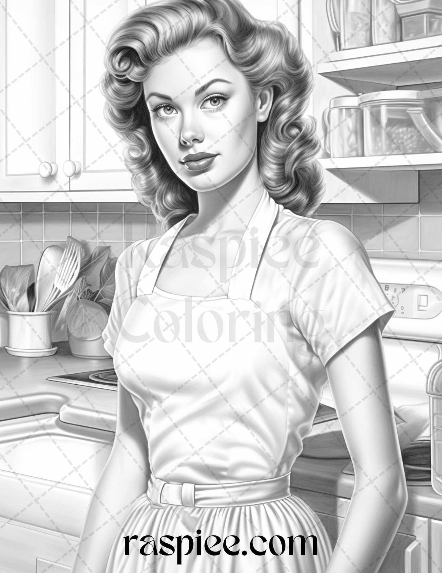 40 Retro Housewives Grayscale Coloring Pages for Adults, Printable PDF File Instant Download