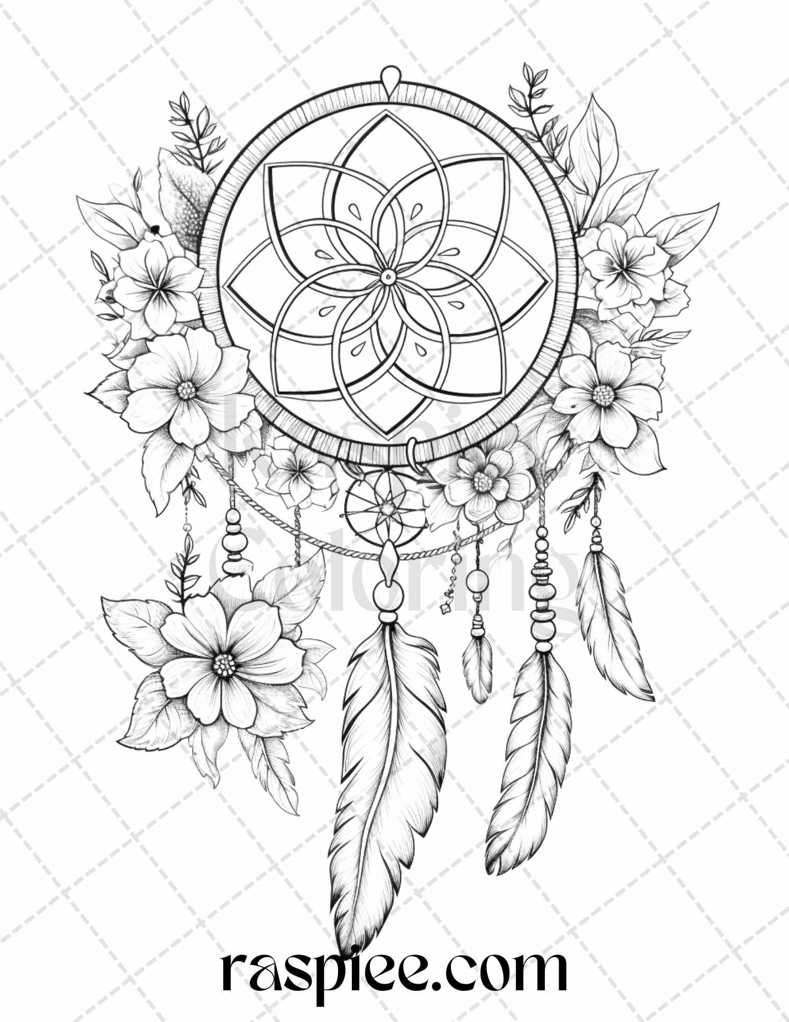 30 Flower Dreamcatcher Grayscale Coloring Pages Printable for Adults, PDF File Instant Download