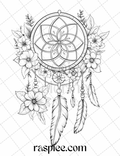 30 Flower Dreamcatcher Grayscale Coloring Pages Printable for Adults, PDF File Instant Download