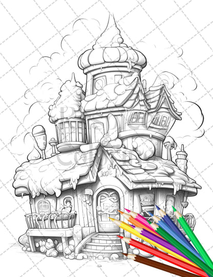 33 Ice Cream Houses Grayscale Coloring Pages Printable for Adults and Kids, PDF File Instant Download