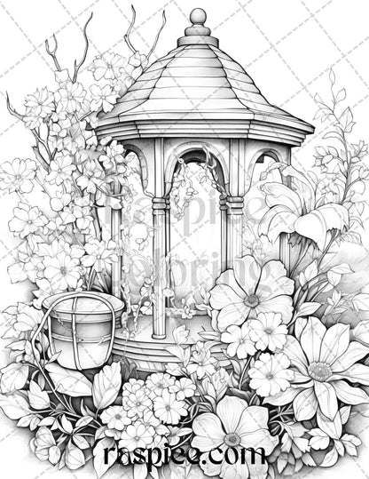 40 Whimsical Wishing Wells Grayscale Coloring Pages Printable for Adults, PDF File Instant Download