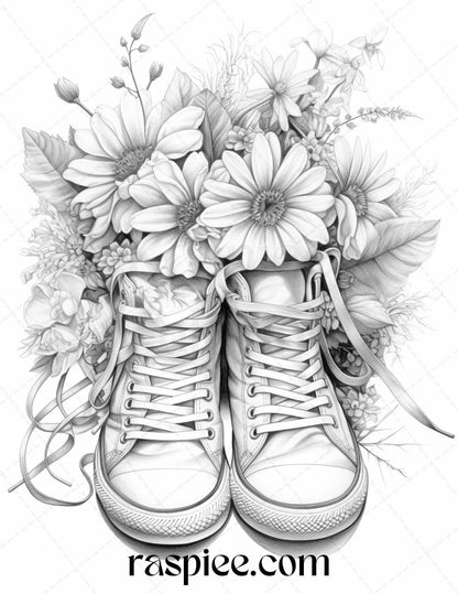 40 Flower Sneakers Grayscale Coloring Pages Printable for Adults, PDF File Instant Download