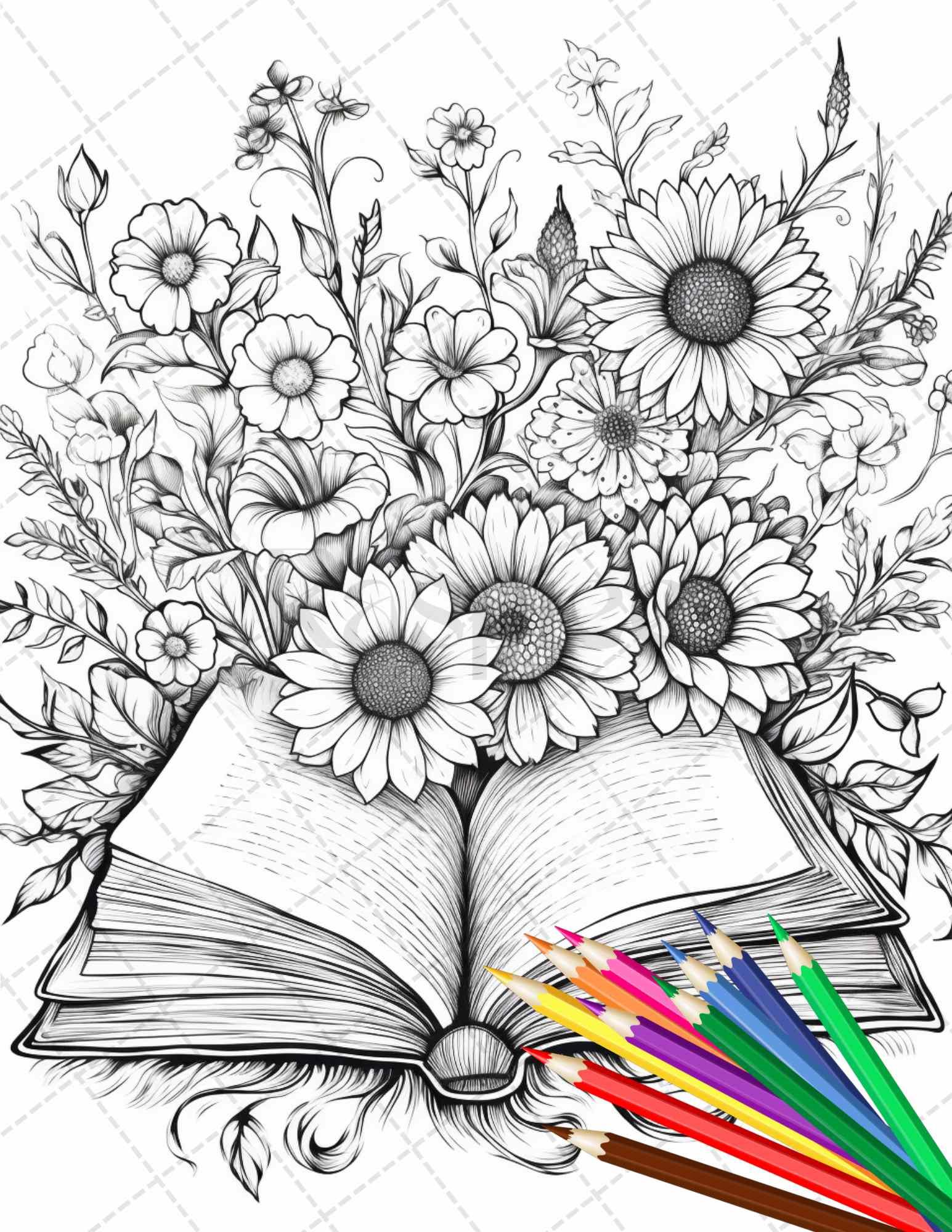 31 Book Flowers Coloring Pages Printable for Adults, Grayscale Coloring Page, PDF File Instant Download