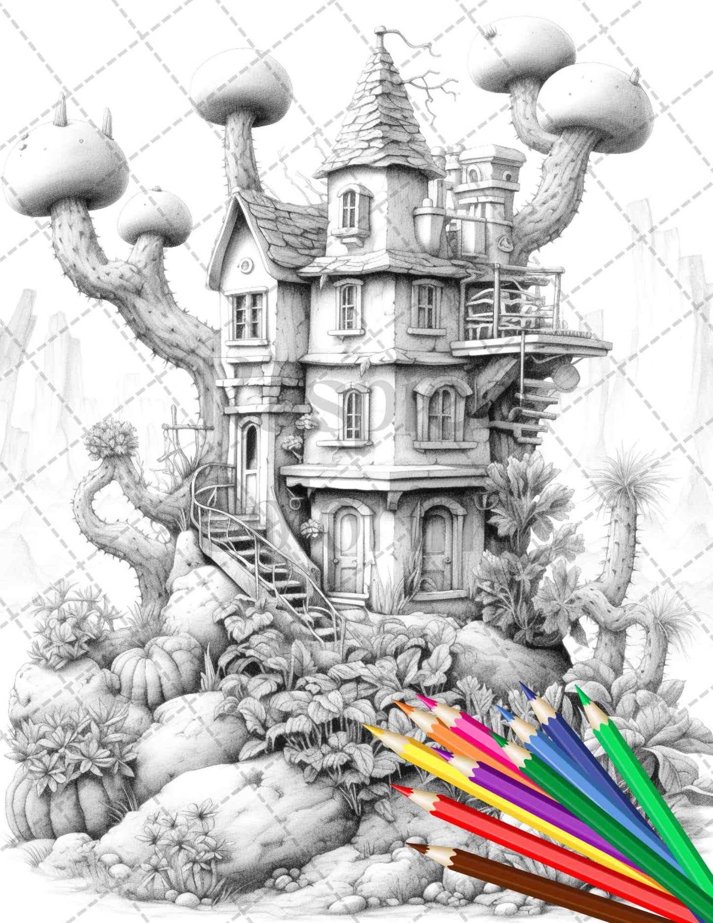 46 Fantasy Cactus Houses Grayscale Coloring Pages Printable for Adults, PDF File Instant Download