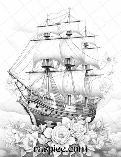 44 Flower Ships Graysale Coloring Pages Printable for Adults, PDF File Instant Download