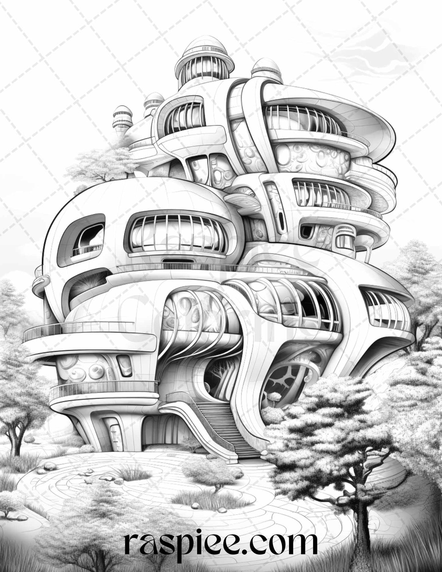 43 Futuristic Houses Grayscale Coloring Pages Printable for Adults, PDF File Instant Download