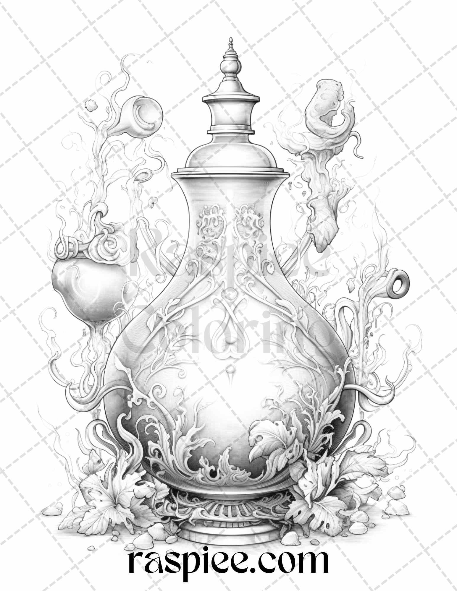 40 Mystical Magic Potions Grayscale Coloring Pages Printable for Adults, PDF File Instant Download