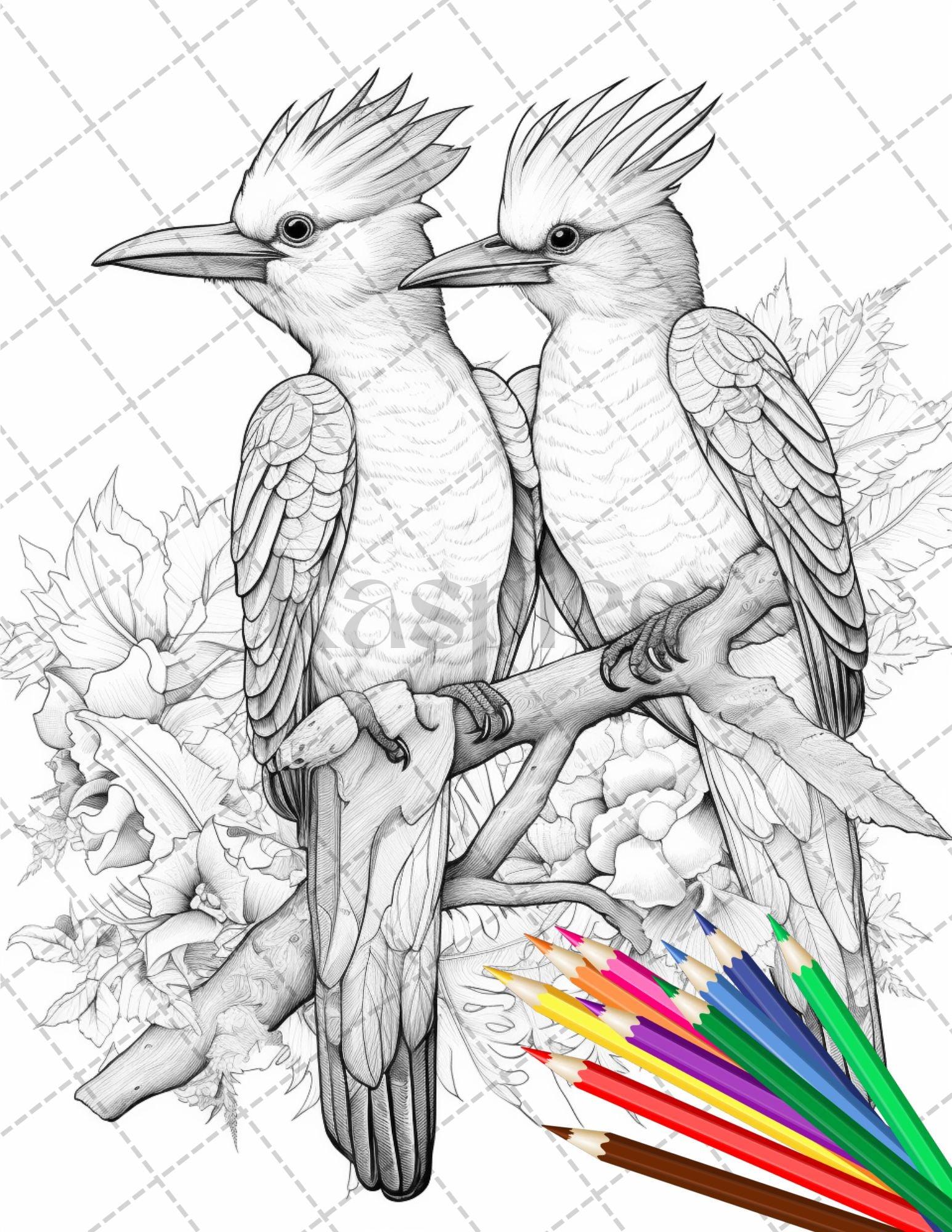 31 Tropical Birds Coloring Book for Adults, Grayscale Coloring Page, Printable PDF Instant Download