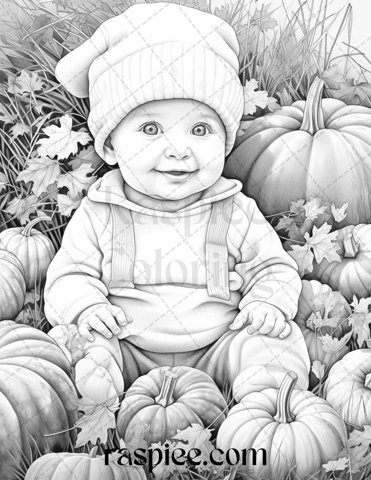 40 Pumpkin Babies Grayscale Coloring Pages for Adults and Kids, Printable PDF File Instant Download