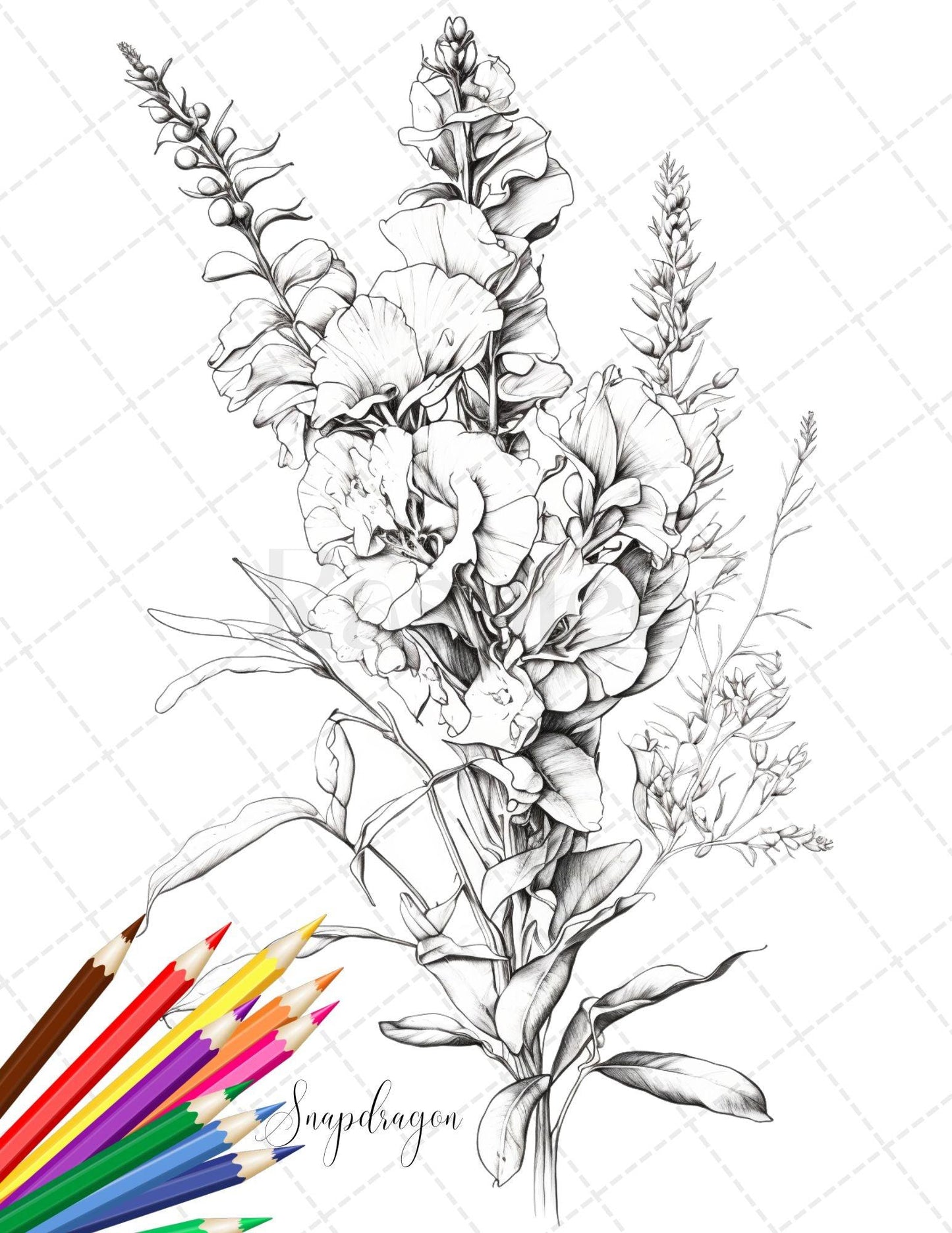 30 Botanical Flowers Printable Coloring Pages for Adults, Floral Grayscale Coloring Book, Printable PDF File Download