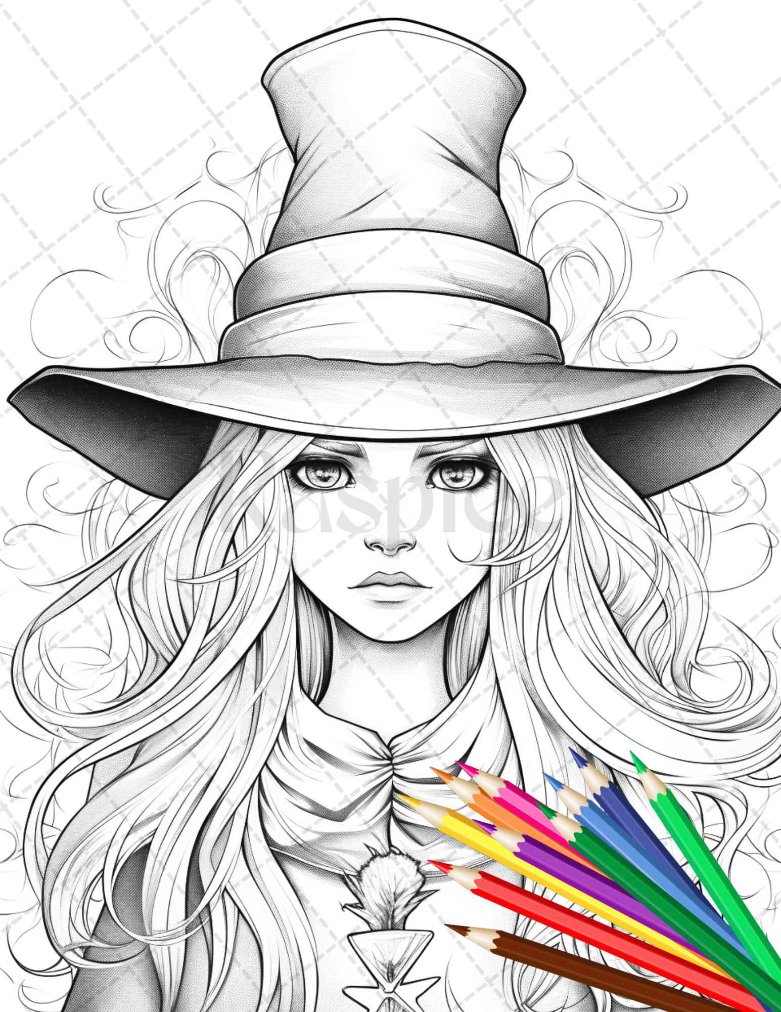 40 Cute Witches Coloring Pages Printable for Adults, Grayscale Coloring Page, PDF File Instant Download