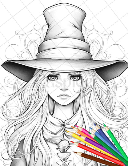 40 Cute Witches Coloring Pages Printable for Adults, Grayscale Coloring Page, PDF File Instant Download