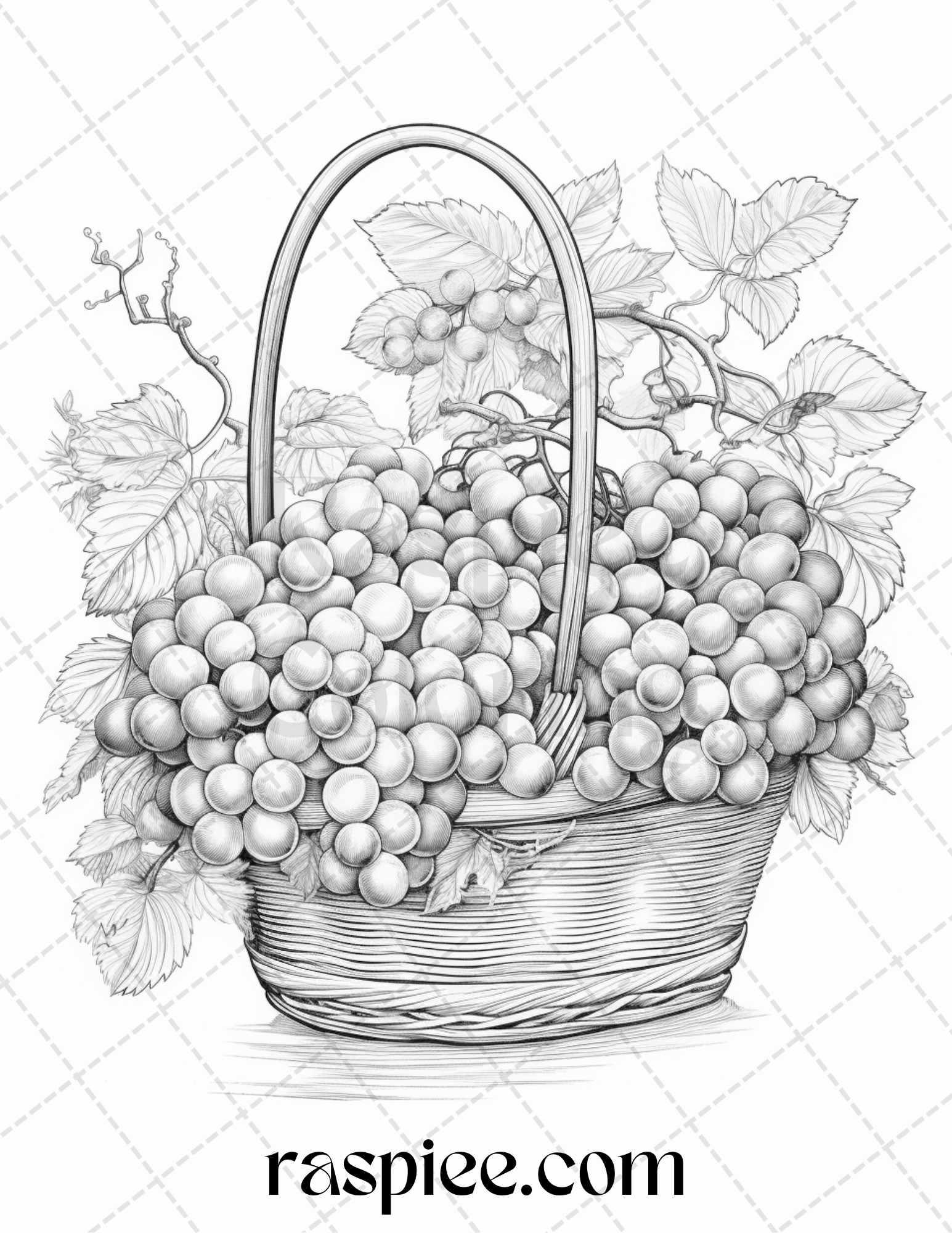 40 Fruit Basket Grayscale Coloring Pages Printable for Adults, PDF File Instant Download