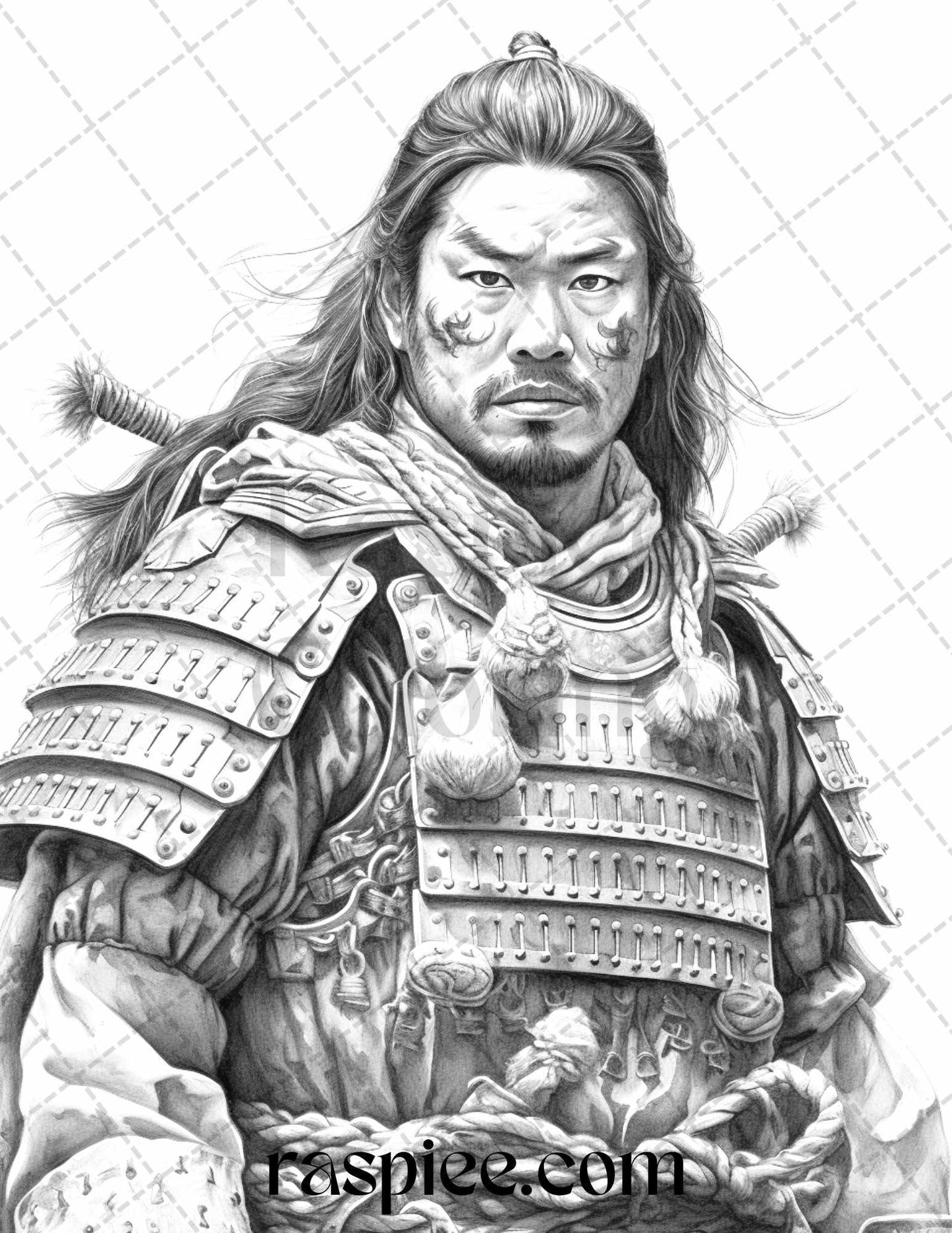 42 Japanese Samurai Grayscale Coloring Pages for Adults, Printable PDF File Instant Download