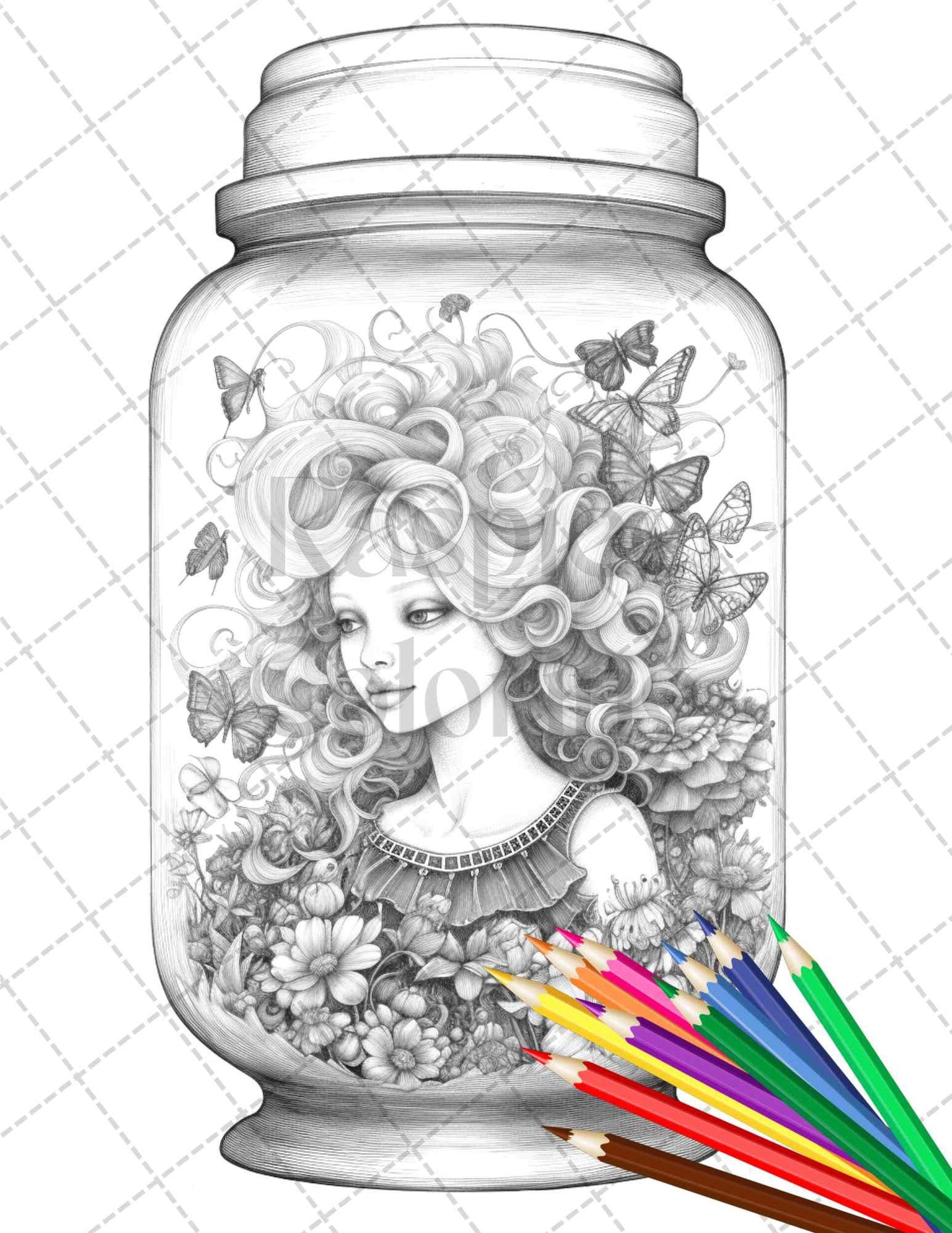 40 Beautiful Fairies in Jar Grayscale Coloring Pages Printable for Adults, PDF File Instant Download