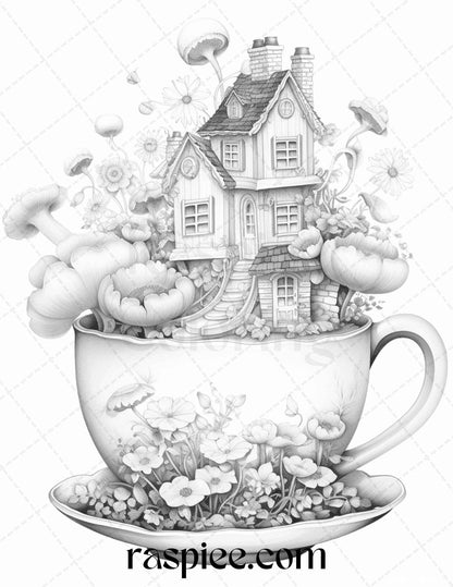 40 Flower Teacup Fairy Houses Grayscale Coloring Pages Printable for Adults, PDF File Instant Download