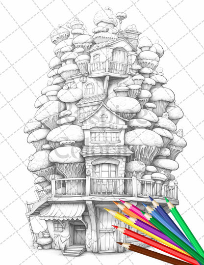 50 Adorable Cake Houses Grayscale Coloring Pages Printable for Adults and Kids, PDF File Instant Download