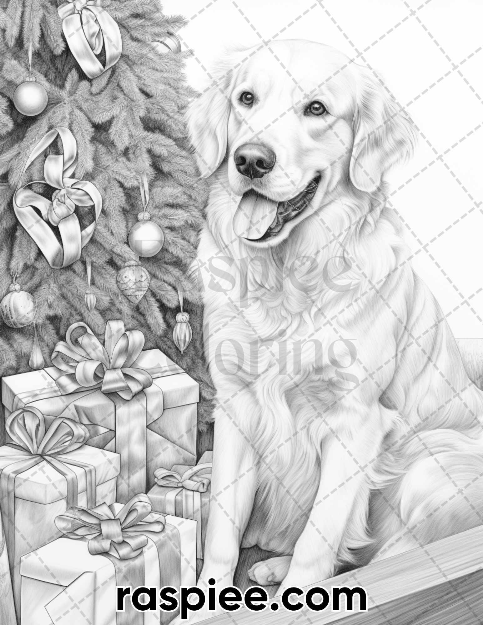 45 Christmas Dogs Grayscale Coloring Pages for Adults, Printable PDF Instant Download