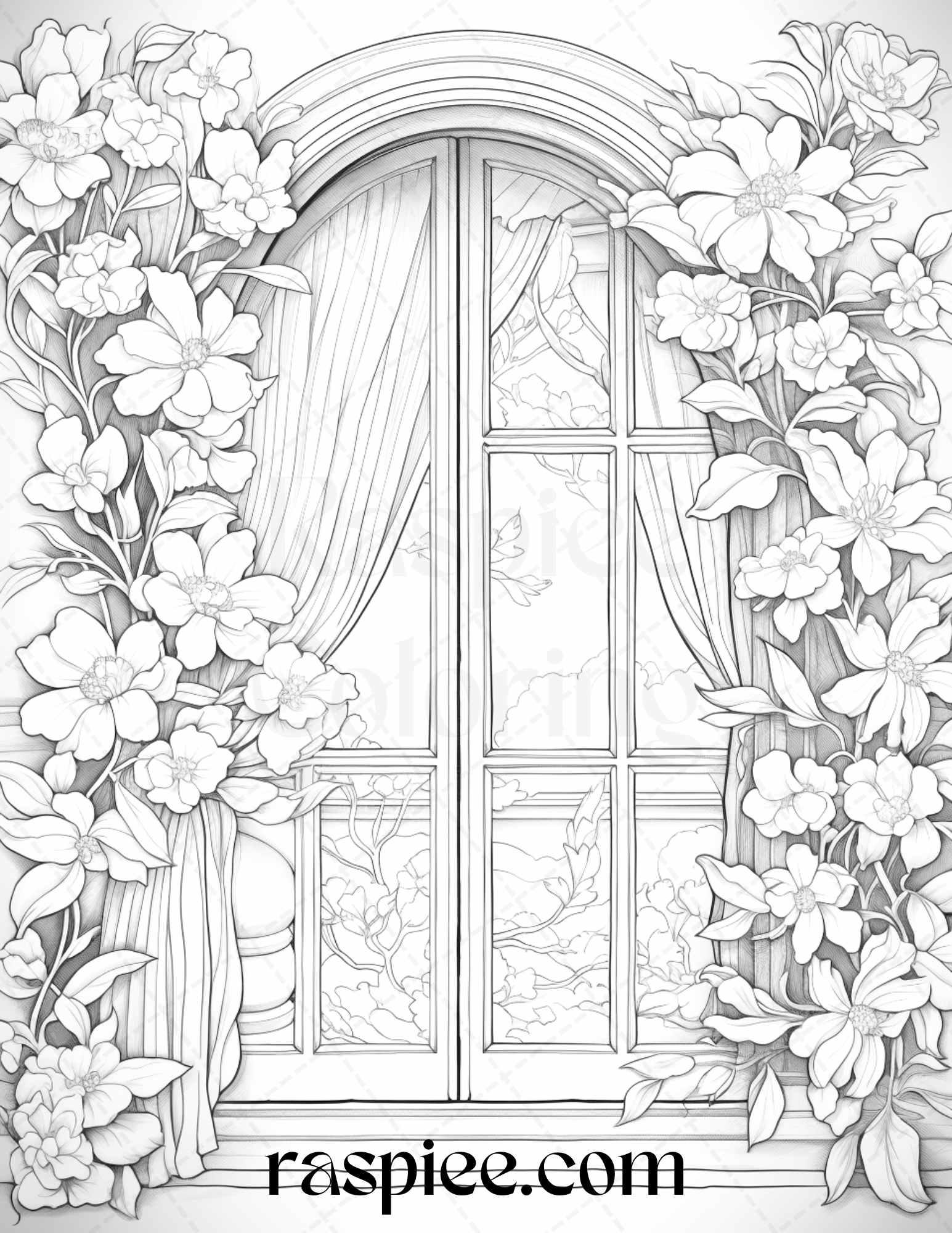 50 Blooming Windows Grayscale Coloring Pages Printable for Adults, PDF File Instant Download