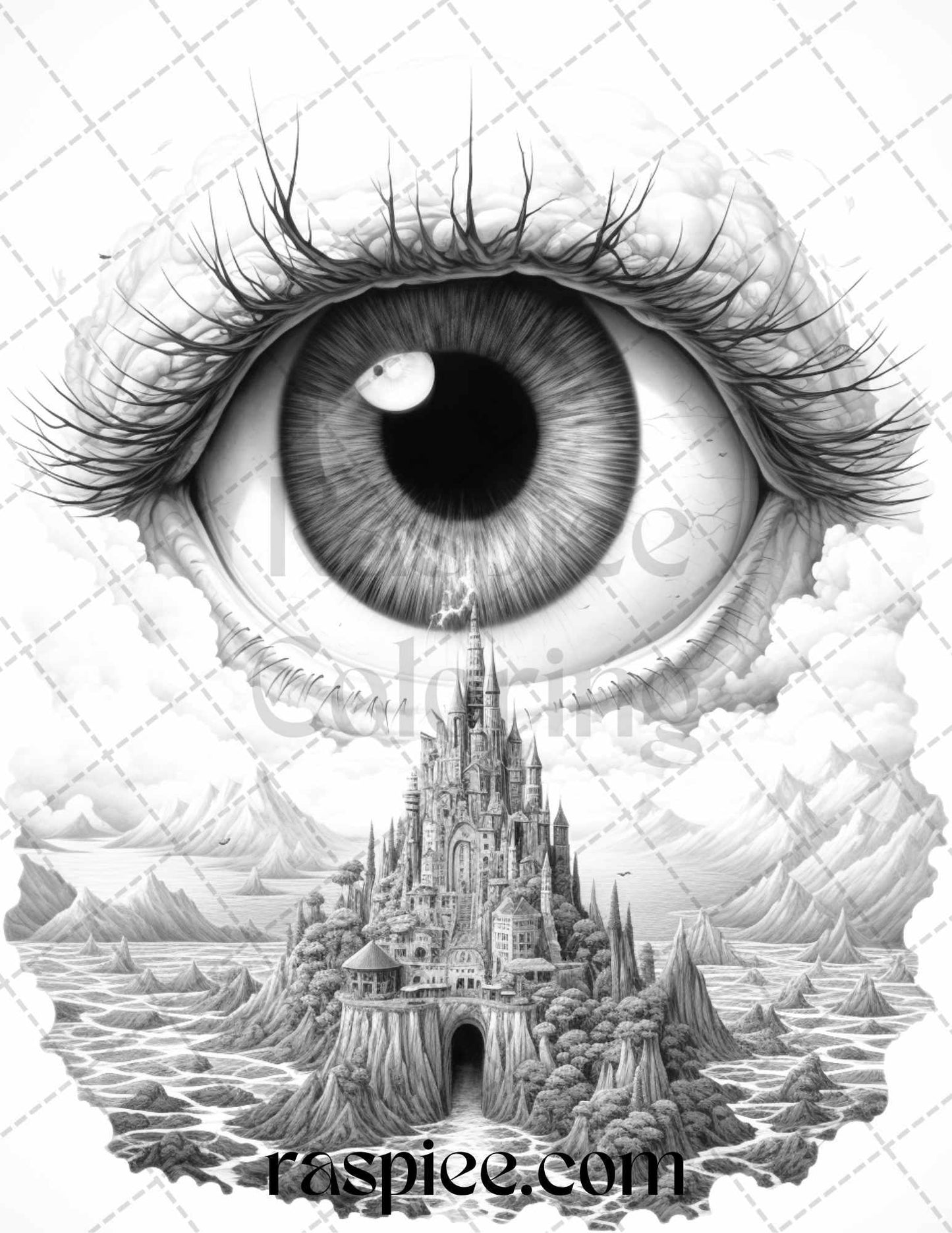 40 Surrealism Eyes Grayscale Coloring Pages Printable for Adults, PDF File Instant Download