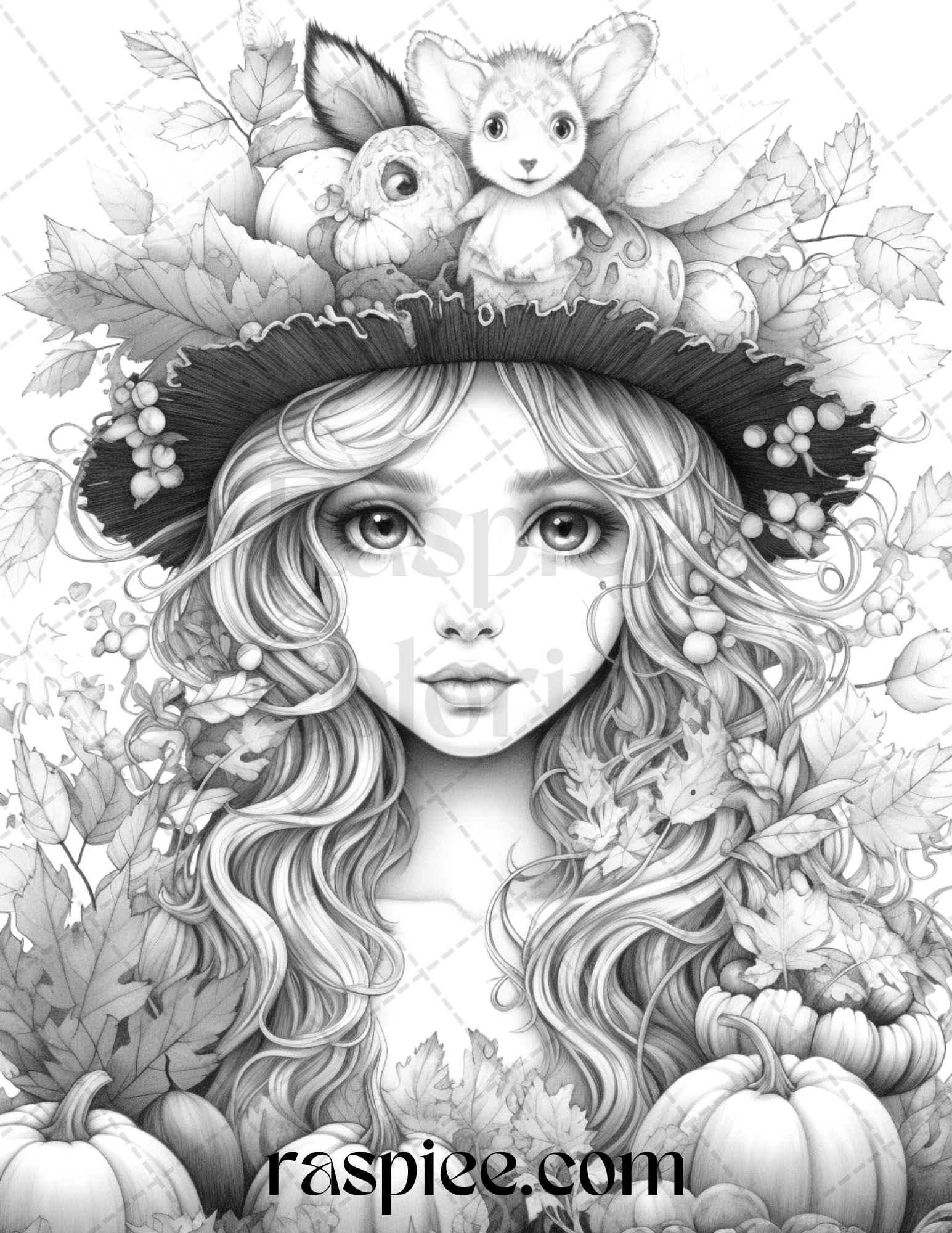 40 Pumpkin Fairy Girls Grayscale Coloring Pages Printable for Adults, PDF File Instant Download