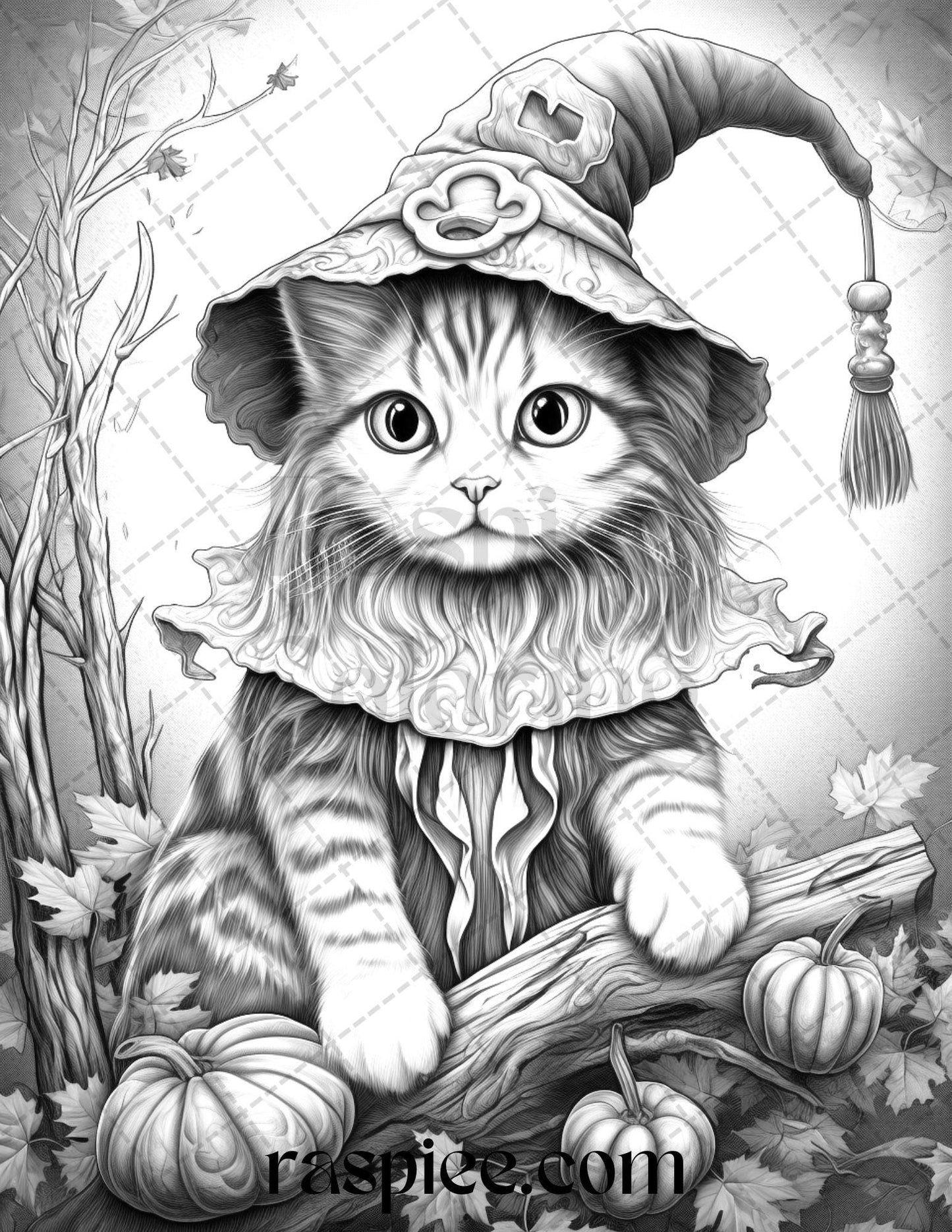 40 Halloween Witch Cat Grayscale Coloring Pages Printable for Adults, PDF File Instant Download