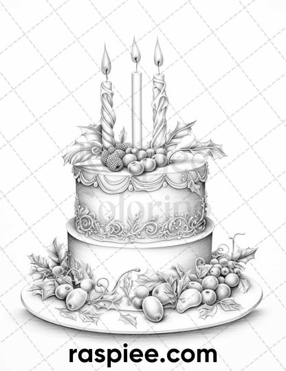 45 Christmas Cakes Grayscale Coloring Pages for Adults, Printable PDF File Instant Download