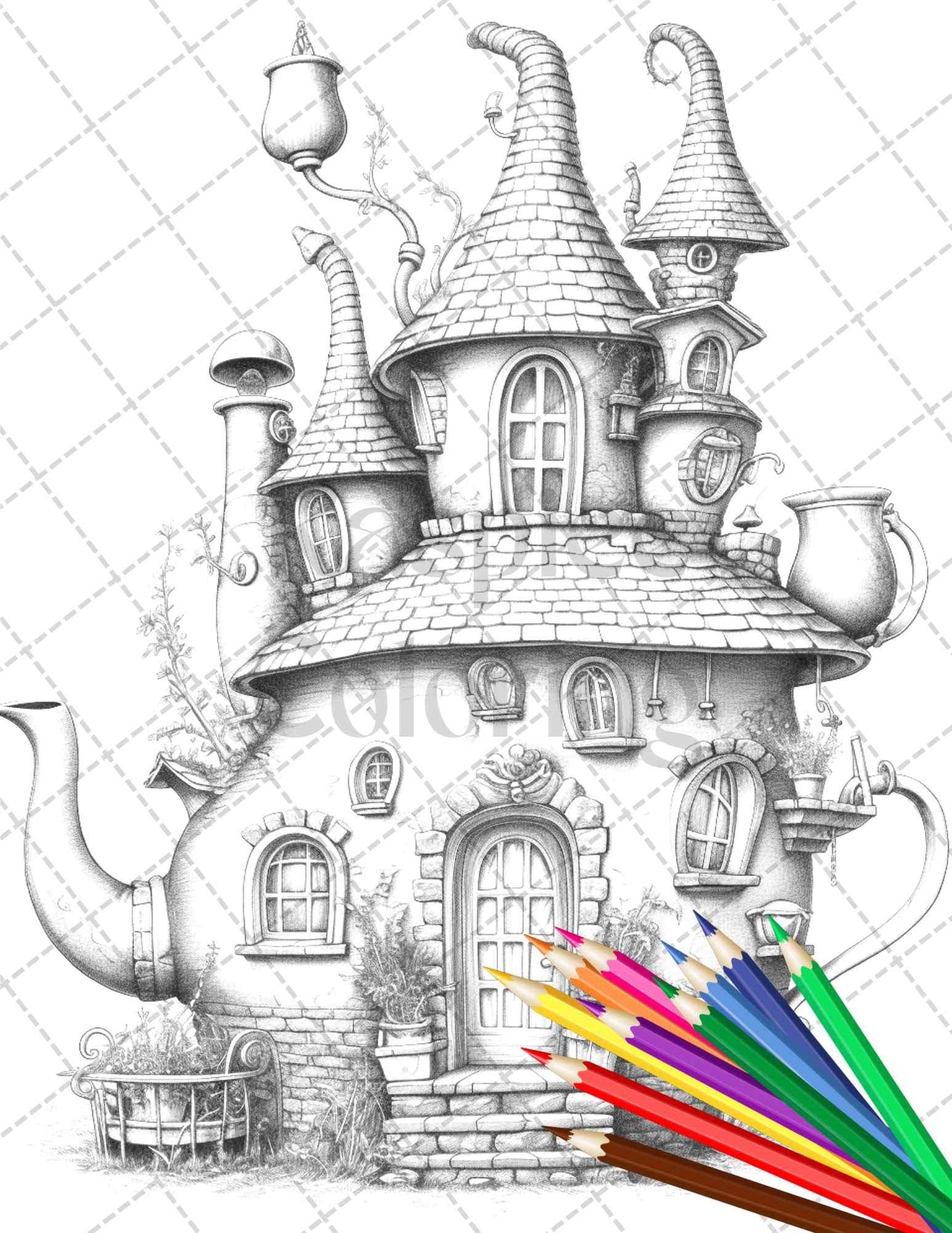 40 Teapot Fairy Houses Grayscale Coloring Pages Printable for Adults, PDF File Instant Download