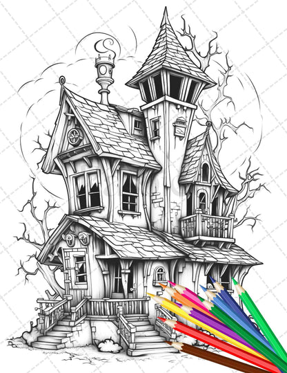 32 Spooky Houses Coloring Pages Printable for Adults, Grayscale Coloring Page, PDF File Instant Download