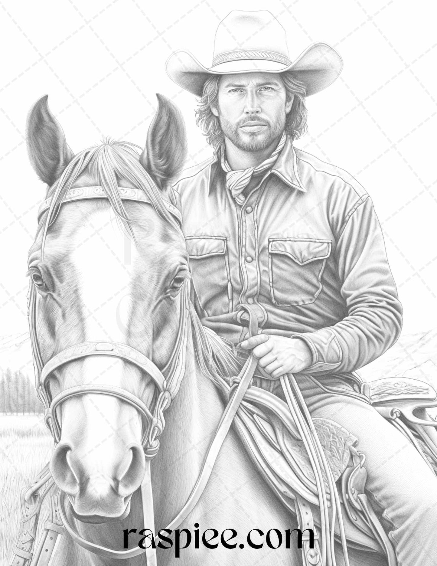 45 Wild West Cowboys Grayscale Coloring Pages Printable for Adults, PDF File Instant Download