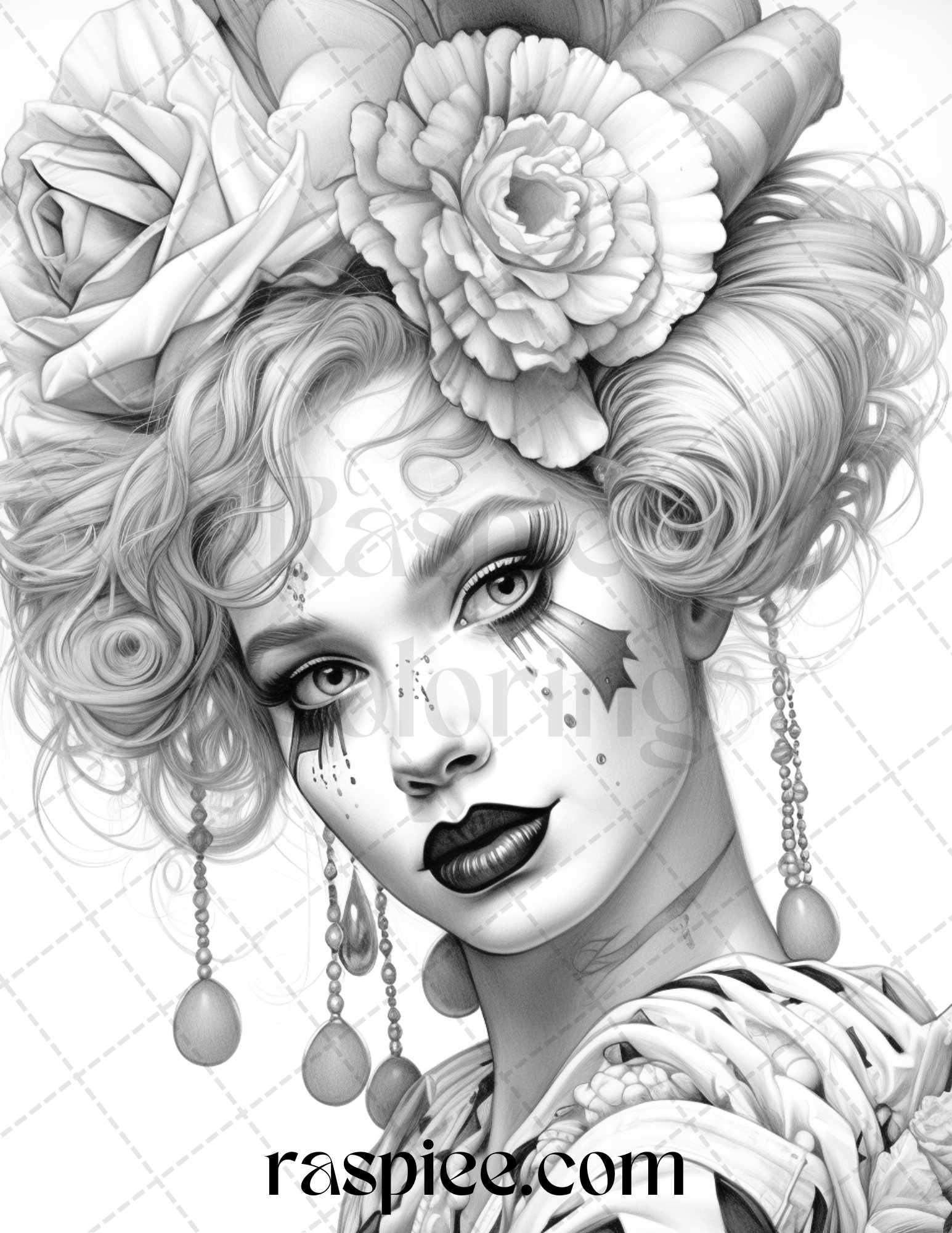 42 Beautiful Clown Girls Grayscale Coloring Pages Printable for Adults, PDF File Instant Download