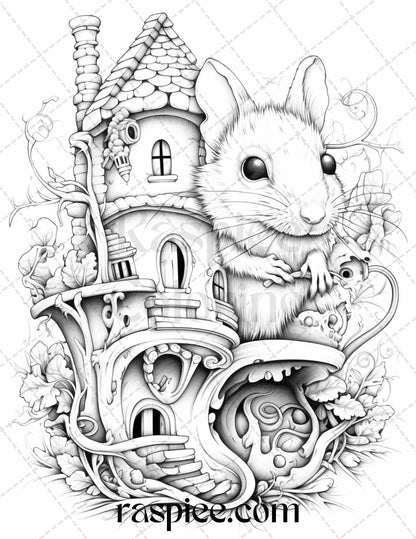 40 Magical Mouse Houses Grayscale Coloring Pages Printable for Adults, PDF File Instant Download