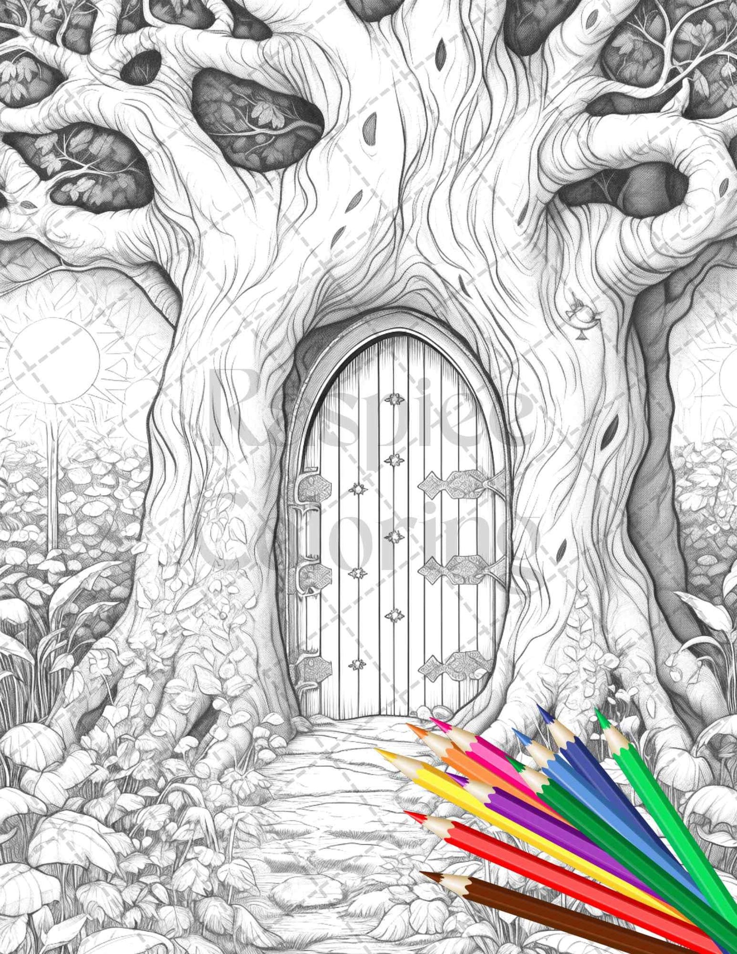 40 Magical Forest Gates Grayscale Coloring Pages Printable for Adults, PDF File Instant Download