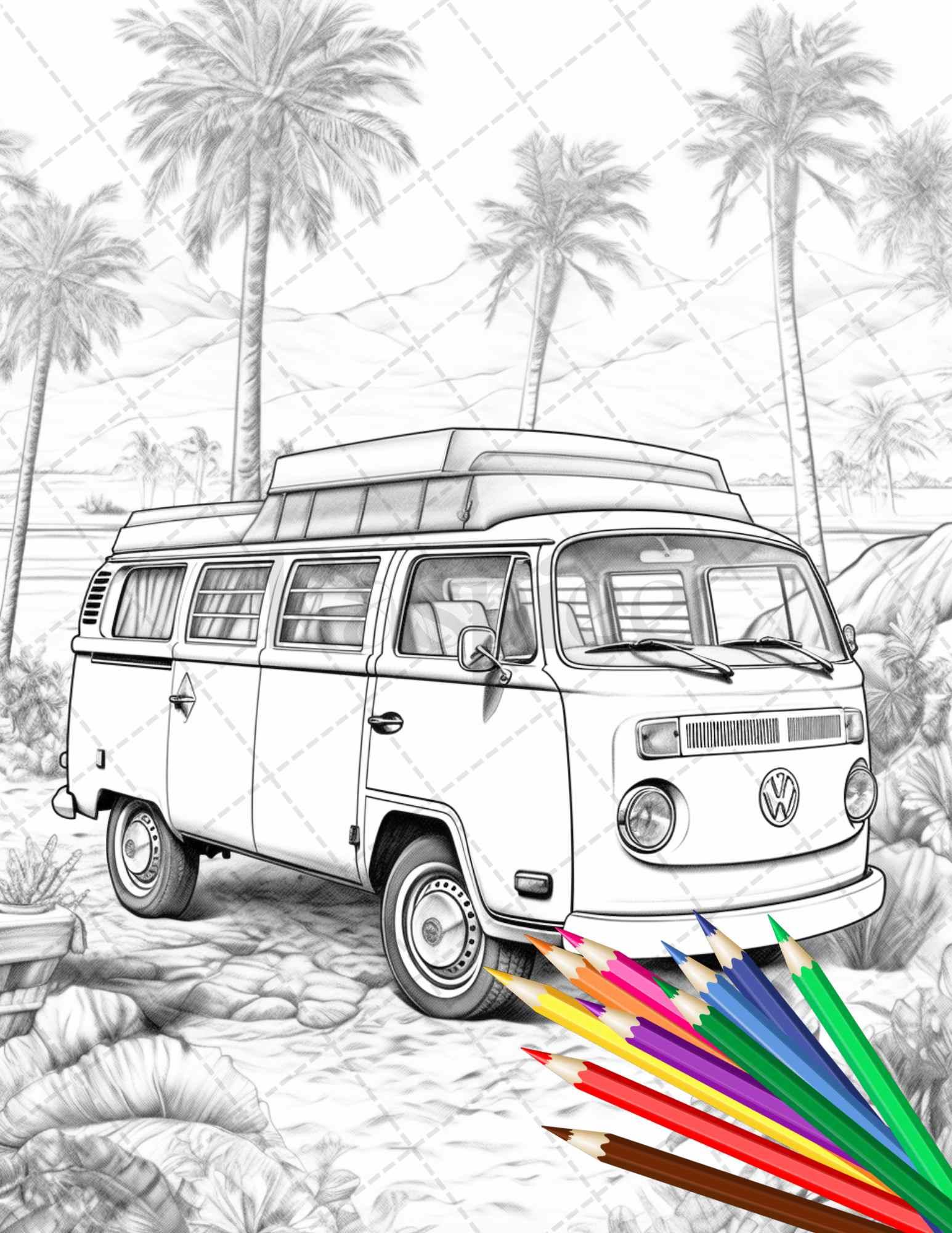 30 Campervan Adventure Grayscale Coloring Pages Printable for Adults, PDF File Instant Download