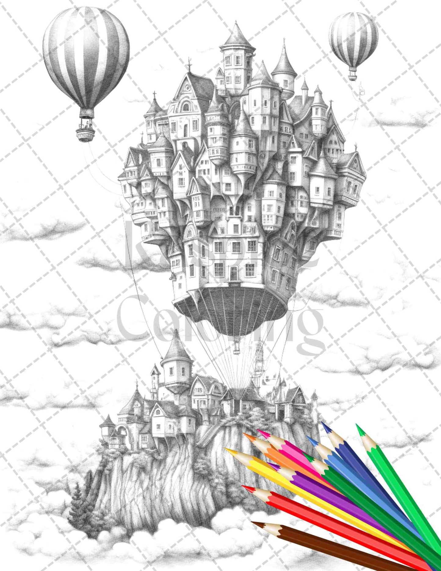 40 Fantasy Sky Houses Grayscale Coloring Pages Printable for Adults, PDF File Instant Download