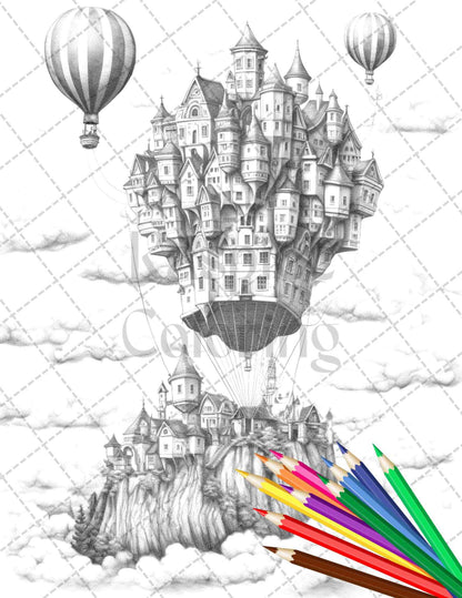 40 Fantasy Sky Houses Grayscale Coloring Pages Printable for Adults, PDF File Instant Download