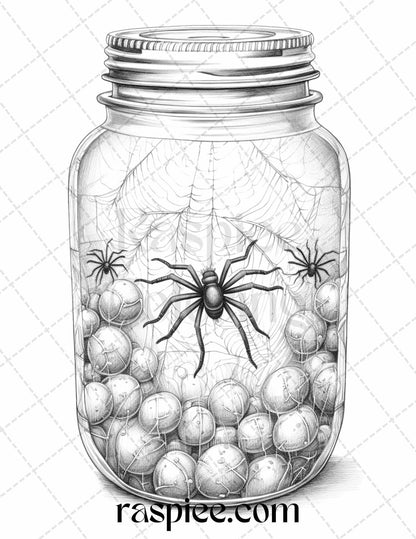 40 Halloween in Jar Grayscale Coloring Pages for Adults, Printable PDF File Instant Download