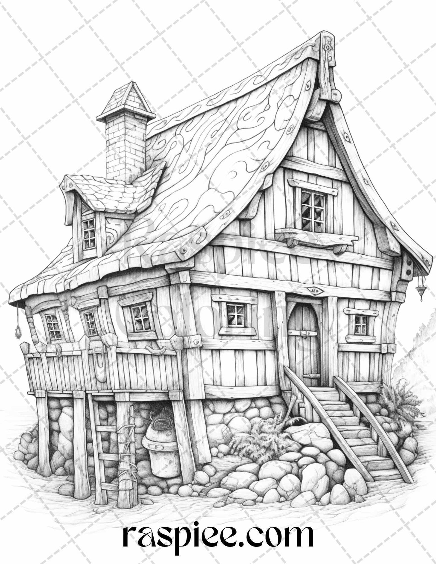 40 Viking Houses Grayscale Coloring Pages Printable for Adults, PDF File Instant Download